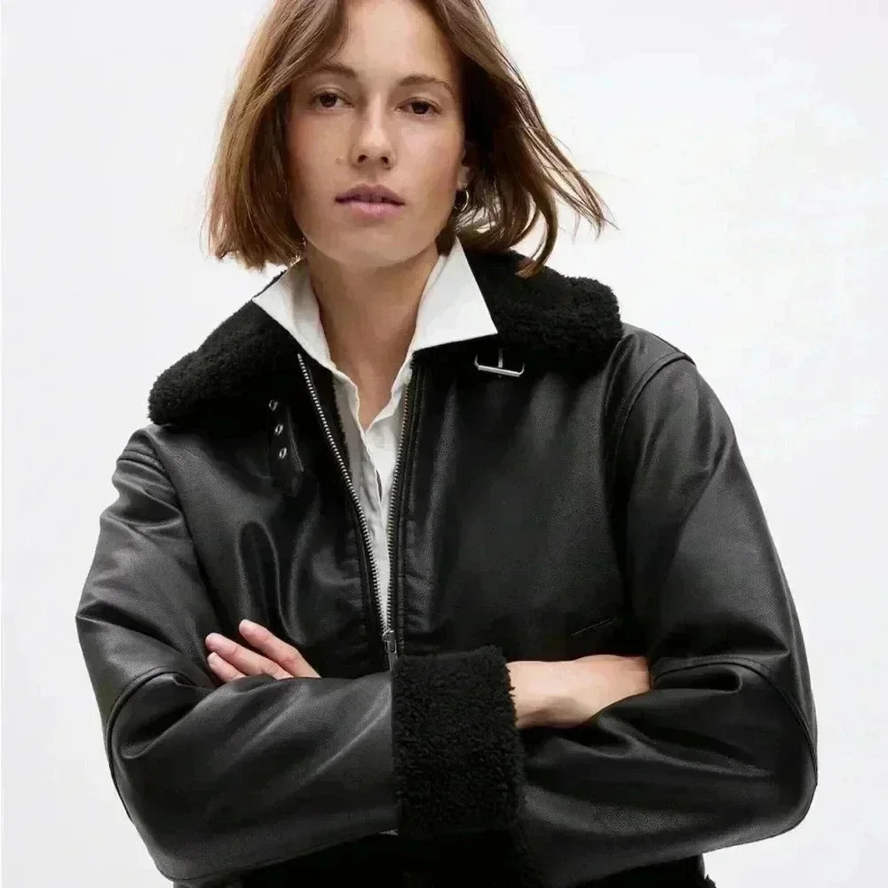 Gap Vegan Leather Sherpa-Trim Jacket Black Xs $168 - Picture 2 of 7